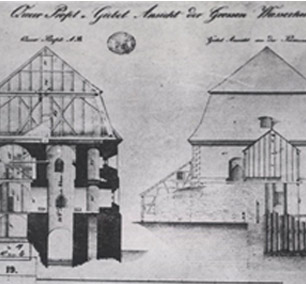 Rysunek archiwalny przedstawiający budynek czerpalni wody